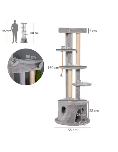 PawHut Cat Tree for Indoor Cats Kitten Tower Multi-level Activity Centre Pet Furniture with Scratching Post Condo Hanging Ropes 