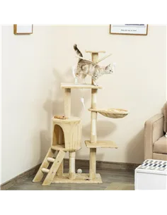 PawHut Multi-Level Cat Tree with Scratching Post, Ladder, Cat House, Beige 2