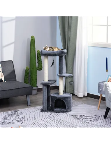 PawHut 100cm Cat Tree for Indoor Cats, Cat Tower Condo for Kittens with Cat House Sisal Scratching Posts, Hanging Ball Toys, Per