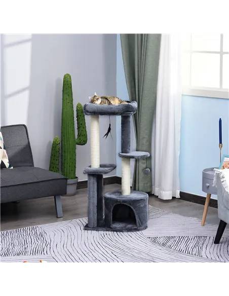 PawHut 100cm Cat Tree for Indoor Cats, Cat Tower Condo for Kittens with Cat House Sisal Scratching Posts, Hanging Ball Toys, Per