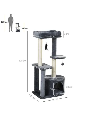 PawHut 100cm Cat Tree for Indoor Cats, Cat Tower Condo for Kittens with Cat House Sisal Scratching Posts, Hanging Ball Toys, Per