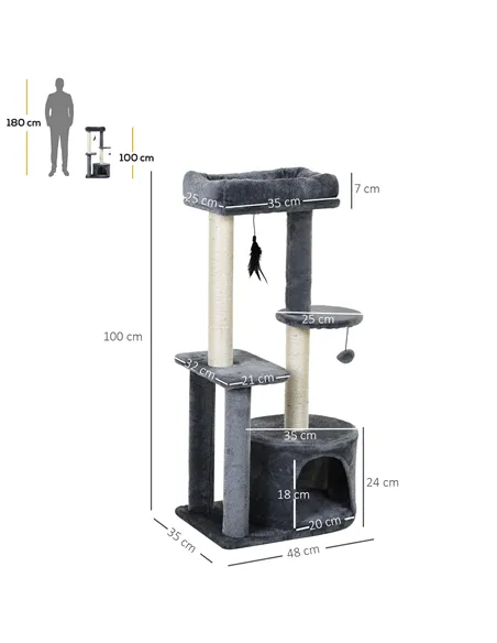PawHut 100cm Cat Tree for Indoor Cats, Cat Tower Condo for Kittens with Cat House Sisal Scratching Posts, Hanging Ball Toys, Per