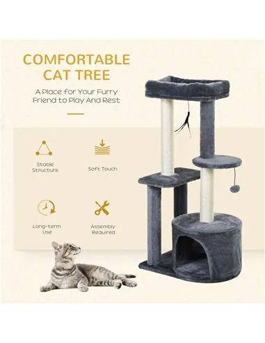 PawHut 100cm Cat Tree for Indoor Cats, Cat Tower Condo for Kittens with Cat House Sisal Scratching Posts, Hanging Ball Toys, Per