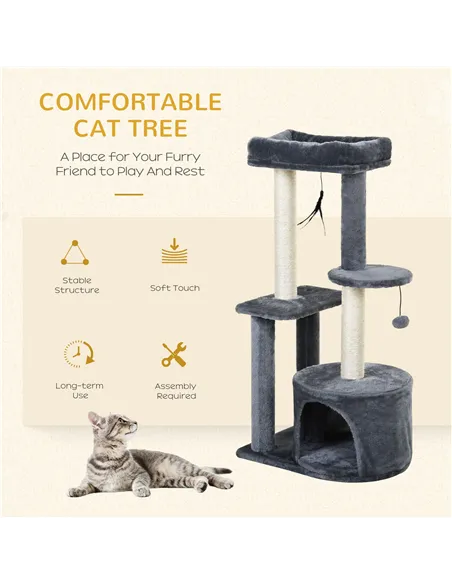 PawHut 100cm Cat Tree for Indoor Cats, Cat Tower Condo for Kittens with Cat House Sisal Scratching Posts, Hanging Ball Toys, Per