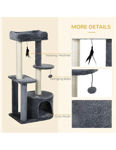 PawHut 100cm Cat Tree for Indoor Cats, Cat Tower Condo for Kittens with Cat House Sisal Scratching Posts, Hanging Ball Toys, Per