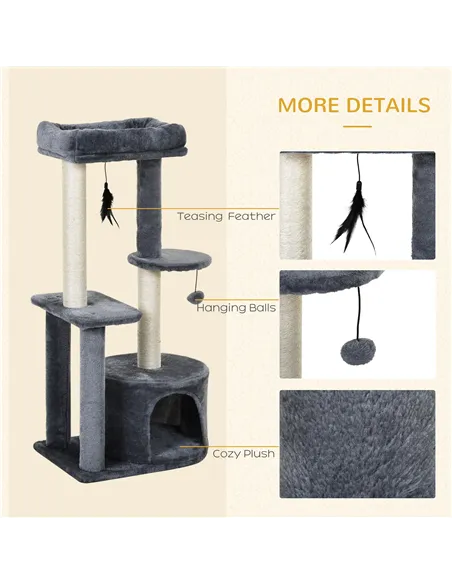 PawHut 100cm Cat Tree for Indoor Cats, Cat Tower Condo for Kittens with Cat House Sisal Scratching Posts, Hanging Ball Toys, Per