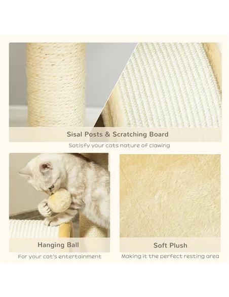 PawHut Cat Tree Scratching Scratcher Post Kitten Activity Centre Climber Hanging Ball Beige