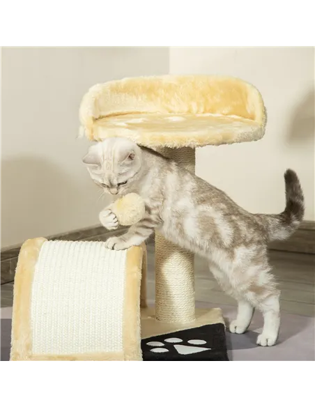 PawHut Cat Tree Scratching Scratcher Post Kitten Activity Centre Climber Hanging Ball Beige