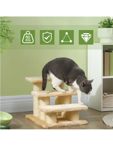 PawHut Pet Stairs 3-step Pet Ladder Cat dog Stairs Climb Ladder Cat Tree, Beige