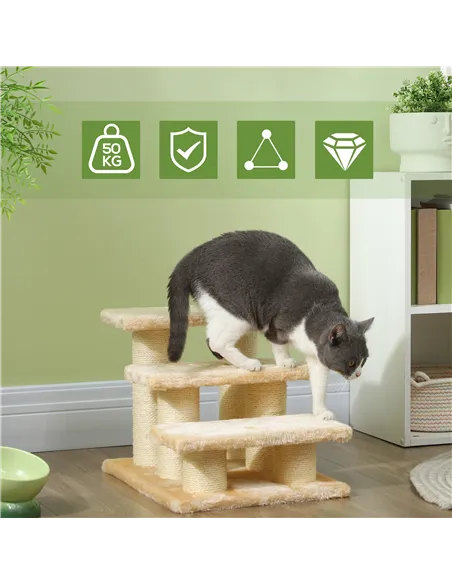 PawHut Pet Stairs 3-step Pet Ladder Cat dog Stairs Climb Ladder Cat Tree, Beige