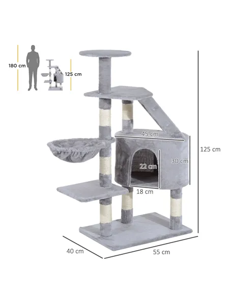 PawHut Cat Tree for Indoor Cats Kitten Scratching Post Scratch Scratcher Climb Activity Center Play House Pet Furniture 125cm (G
