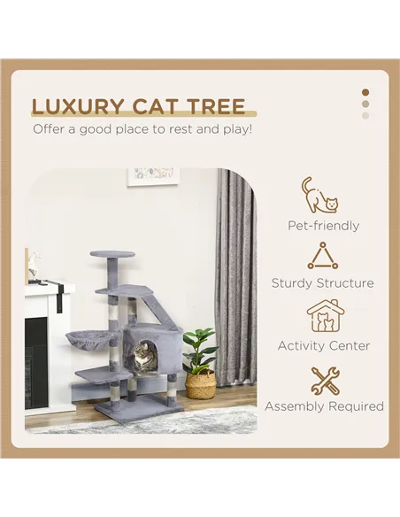 PawHut Cat Tree for Indoor Cats Kitten Scratching Post Scratch Scratcher Climb Activity Center Play House Pet Furniture 125cm (G