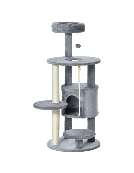 PawHut Cat Tree Tower for Indoor Cats 112cm Climbing Kitten Activity Center with Jute Scratching Post Perch Hanging Ball Toy Tea