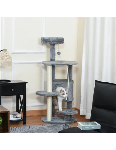 PawHut Cat Tree Tower for Indoor Cats 112cm Climbing Kitten Activity Center with Jute Scratching Post Perch Hanging Ball Toy Tea