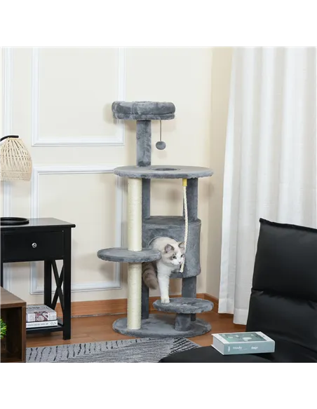 PawHut Cat Tree Tower for Indoor Cats 112cm Climbing Kitten Activity Center with Jute Scratching Post Perch Hanging Ball Toy Tea