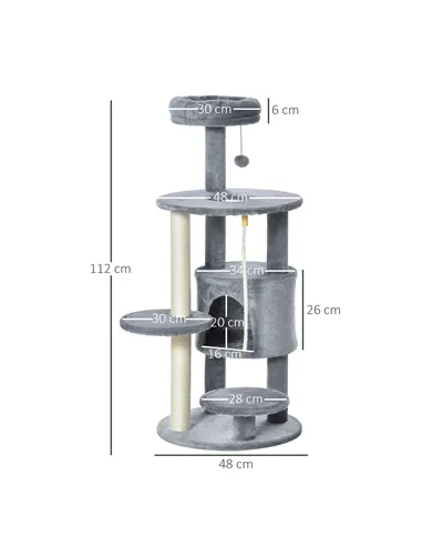 PawHut Cat Tree Tower for Indoor Cats 112cm Climbing Kitten Activity Center with Jute Scratching Post Perch Hanging Ball Toy Tea