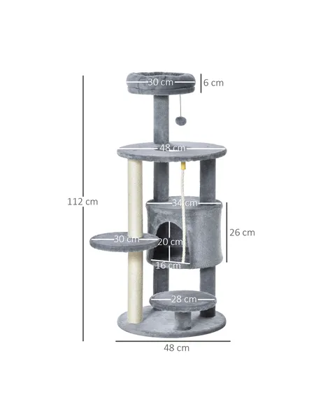 PawHut Cat Tree Tower for Indoor Cats 112cm Climbing Kitten Activity Center with Jute Scratching Post Perch Hanging Ball Toy Tea