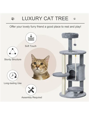 PawHut Cat Tree Tower for Indoor Cats 112cm Climbing Kitten Activity Center with Jute Scratching Post Perch Hanging Ball Toy Tea