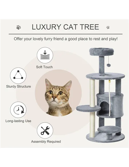 PawHut Cat Tree Tower for Indoor Cats 112cm Climbing Kitten Activity Center with Jute Scratching Post Perch Hanging Ball Toy Tea