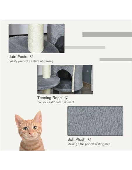 PawHut Cat Tree Tower for Indoor Cats 112cm Climbing Kitten Activity Center with Jute Scratching Post Perch Hanging Ball Toy Tea