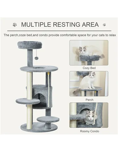 PawHut Cat Tree Tower for Indoor Cats 112cm Climbing Kitten Activity Center with Jute Scratching Post Perch Hanging Ball Toy Tea