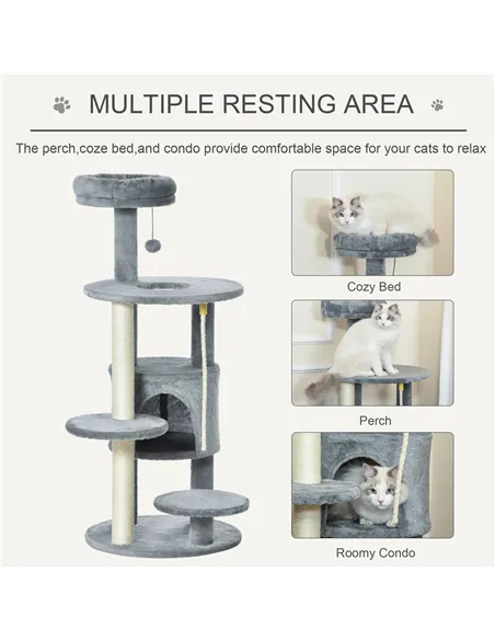 PawHut Cat Tree Tower for Indoor Cats 112cm Climbing Kitten Activity Center with Jute Scratching Post Perch Hanging Ball Toy Tea