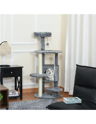 PawHut Cat Tree Tower for Indoor Cats 112cm Climbing Kitten Activity Center with Jute Scratching Post Perch Hanging Ball Toy Tea