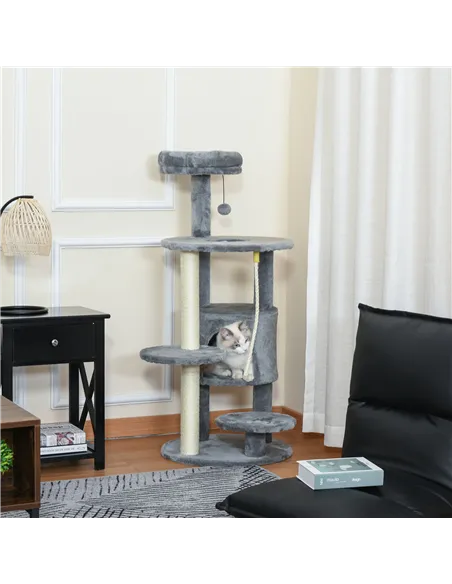 PawHut Cat Tree Tower for Indoor Cats 112cm Climbing Kitten Activity Center with Jute Scratching Post Perch Hanging Ball Toy Tea