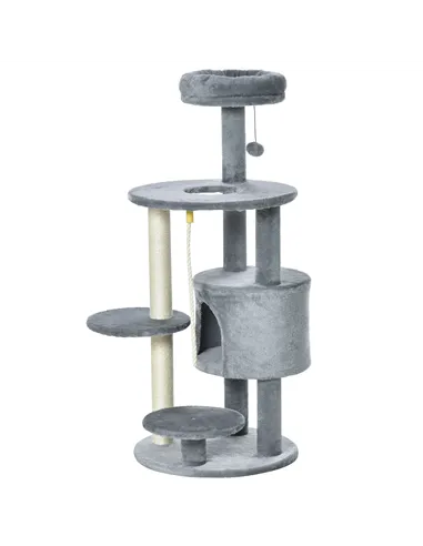 PawHut Cat Tree Tower for Indoor Cats 112cm Climbing Kitten Activity Center with Jute Scratching Post Perch Hanging Ball Toy Tea