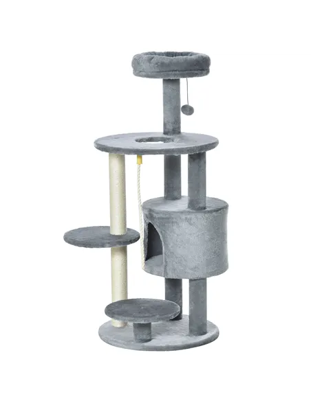 PawHut Cat Tree Tower for Indoor Cats 112cm Climbing Kitten Activity Center with Jute Scratching Post Perch Hanging Ball Toy Tea