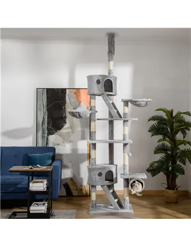 PawHut Floor to Ceiling Cat Tree for Indoor Cats, 240-260cm, Adjustable Height - Light Grey