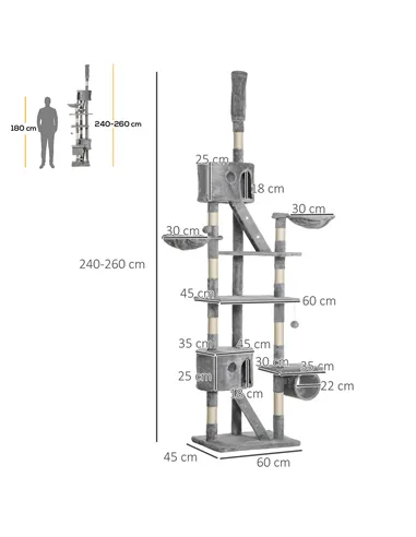 PawHut Floor to Ceiling Cat Tree for Indoor Cats, 240-260cm, Adjustable Height - Light Grey