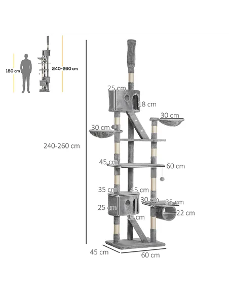 PawHut Floor to Ceiling Cat Tree for Indoor Cats, 240-260cm, Adjustable Height - Light Grey