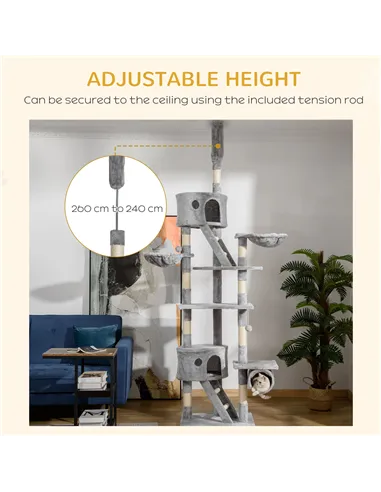 PawHut Floor to Ceiling Cat Tree for Indoor Cats, 240-260cm, Adjustable Height - Light Grey