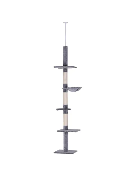 PawHut Floor to Ceiling Cat Tree Height Adjustable 230-260cm, 5-Tier Cat Tower with Scratching Post, Hammock, Perches, Climbing 