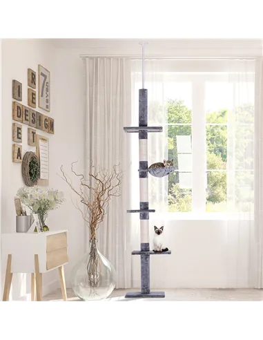 PawHut Floor to Ceiling Cat Tree Height Adjustable 230-260cm, 5-Tier Cat Tower with Scratching Post, Hammock, Perches, Climbing 