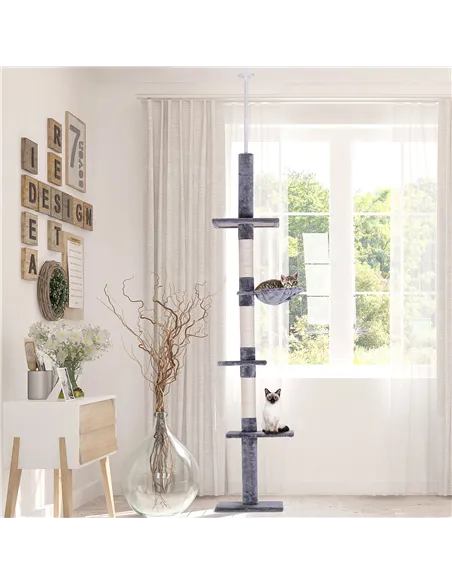 PawHut Floor to Ceiling Cat Tree Height Adjustable 230-260cm, 5-Tier Cat Tower with Scratching Post, Hammock, Perches, Climbing 