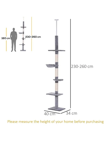 PawHut Floor to Ceiling Cat Tree Height Adjustable 230-260cm, 5-Tier Cat Tower with Scratching Post, Hammock, Perches, Climbing 