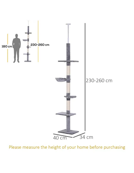 PawHut Floor to Ceiling Cat Tree Height Adjustable 230-260cm, 5-Tier Cat Tower with Scratching Post, Hammock, Perches, Climbing 