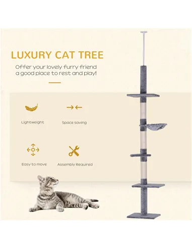 PawHut Floor to Ceiling Cat Tree Height Adjustable 230-260cm, 5-Tier Cat Tower with Scratching Post, Hammock, Perches, Climbing 