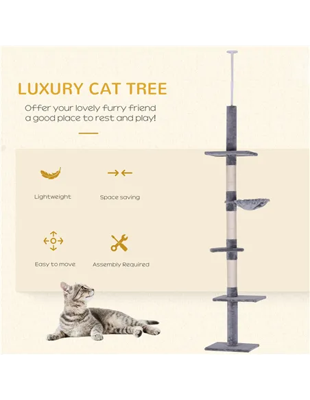 PawHut Floor to Ceiling Cat Tree Height Adjustable 230-260cm, 5-Tier Cat Tower with Scratching Post, Hammock, Perches, Climbing 