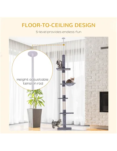 PawHut Floor to Ceiling Cat Tree Height Adjustable 230-260cm, 5-Tier Cat Tower with Scratching Post, Hammock, Perches, Climbing 