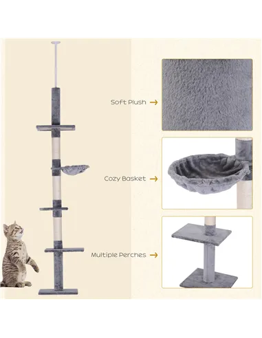 PawHut Floor to Ceiling Cat Tree Height Adjustable 230-260cm, 5-Tier Cat Tower with Scratching Post, Hammock, Perches, Climbing 