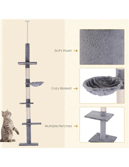 PawHut Floor to Ceiling Cat Tree Height Adjustable 230-260cm, 5-Tier Cat Tower with Scratching Post, Hammock, Perches, Climbing 