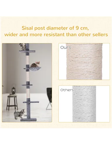 PawHut Floor to Ceiling Cat Tree Height Adjustable 230-260cm, 5-Tier Cat Tower with Scratching Post, Hammock, Perches, Climbing 