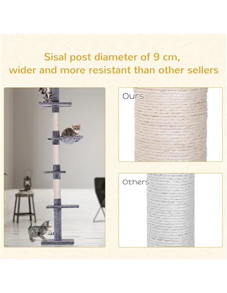 PawHut Floor to Ceiling Cat Tree Height Adjustable 230-260cm, 5-Tier Cat Tower with Scratching Post, Hammock, Perches, Climbing 
