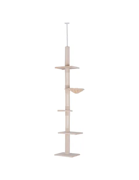 PawHut Floor to Ceiling Cat Tree Height Adjustable 230-260cm, 5-Tier Cat Tower with Scratching Post, Hammock, Perches, Climbing 