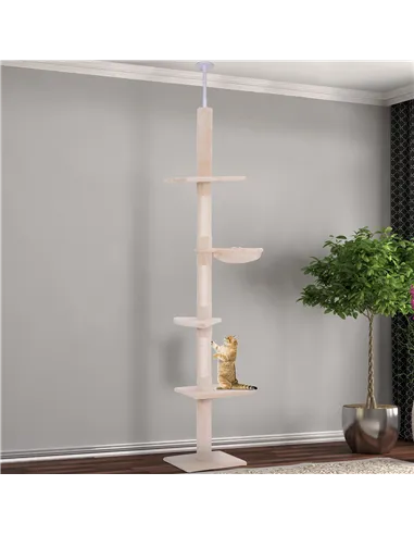PawHut Floor to Ceiling Cat Tree Height Adjustable 230-260cm, 5-Tier Cat Tower with Scratching Post, Hammock, Perches, Climbing 