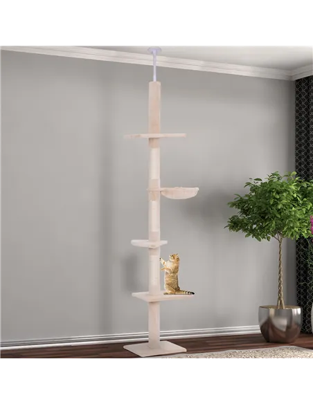 PawHut Floor to Ceiling Cat Tree Height Adjustable 230-260cm, 5-Tier Cat Tower with Scratching Post, Hammock, Perches, Climbing 