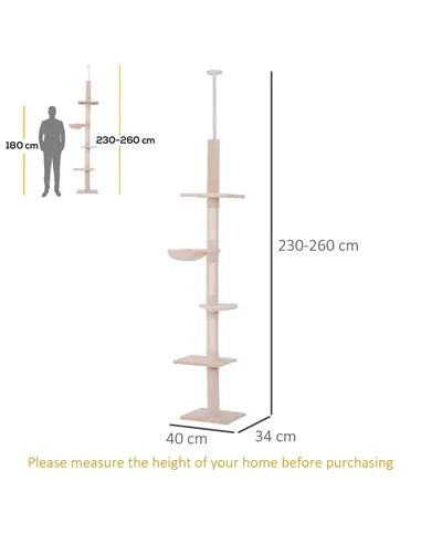 PawHut Floor to Ceiling Cat Tree Height Adjustable 230-260cm, 5-Tier Cat Tower with Scratching Post, Hammock, Perches, Climbing 